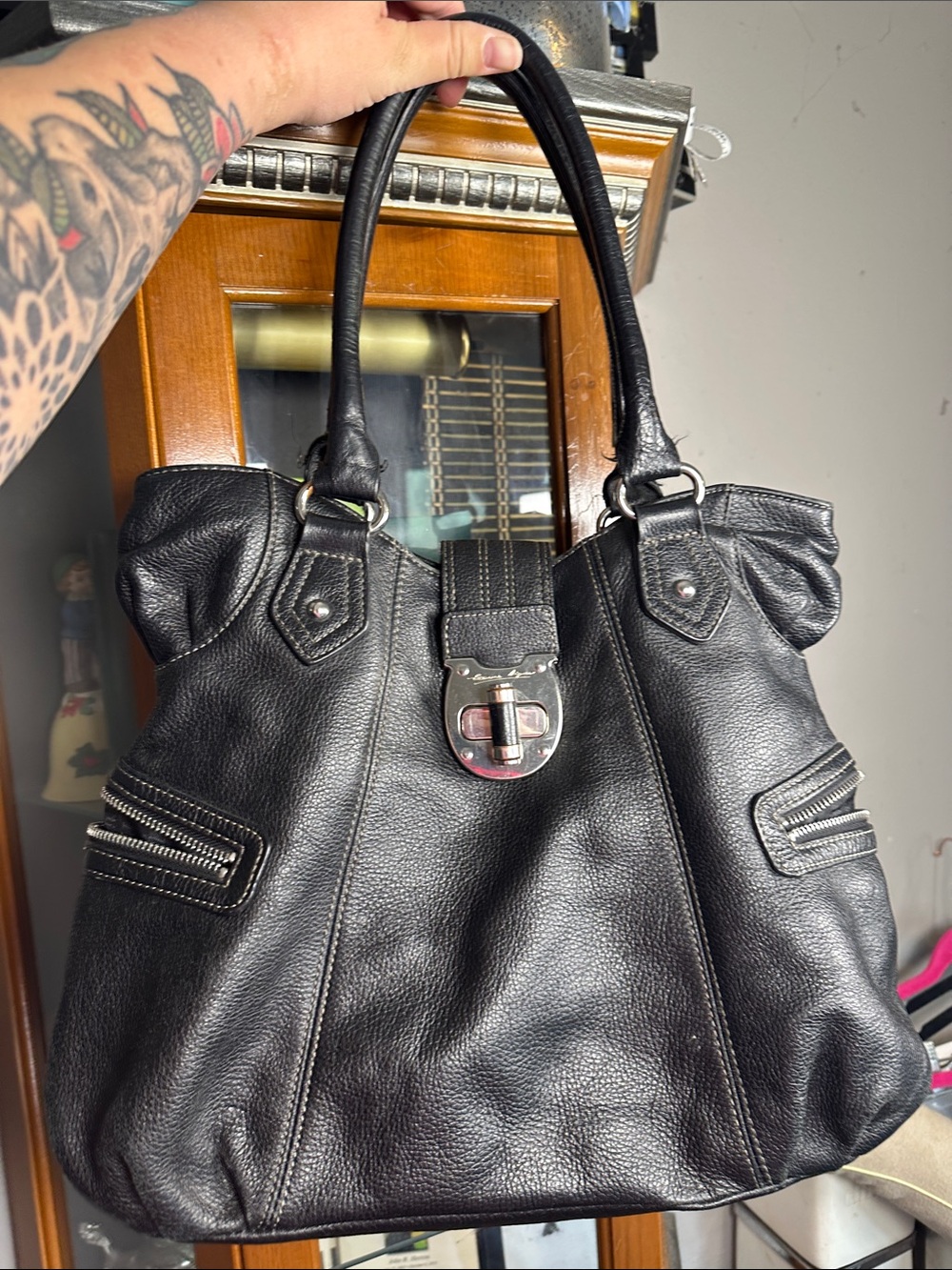 Etienne Aigner Black Leather Shoulder Tote with Silver-Tone Lock